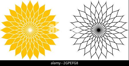 Sonnenstrahl- oder Sonnenblumenvektor-Symbol in Rose- oder Sonnenblumendesign. Vollfarbe und Kontur. Weißer isolierter Hintergrund. Stock Vektor