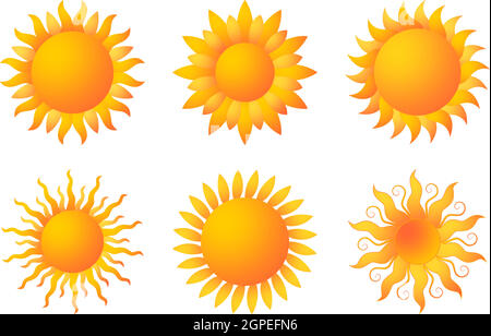 Sonne oder Sonnenschein Vektor mit Strahlen auf einem weißen isolierten Hintergrund. Stock Vektor