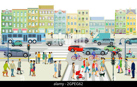 Straßenverkehr mit Menschen auf dem Bürgersteig Abbildung Stock Vektor