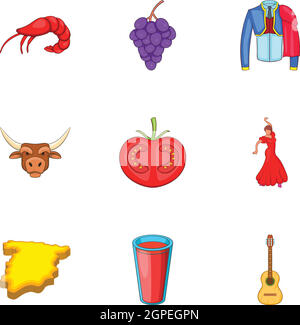 Urlaub in Spanien-Symbole-Set, Cartoon-Stil Stock Vektor