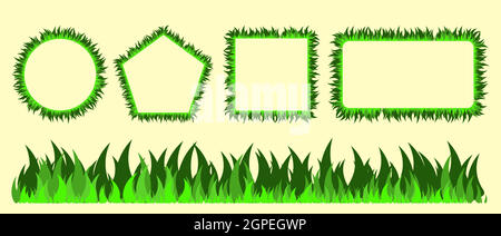 Grasrahmen-Set. Rawn Border Kollektion in verschiedenen Formen. Grüne Laubblätter zeichnen sich durch Linien-, Quadrat-, Rechteck- und Kreishintergründe aus. Vektorgrafik mit Kopierbereich. Stock Vektor