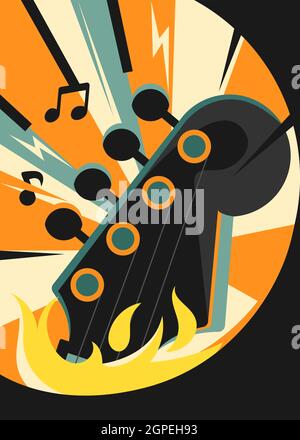 Rockmusik-Poster mit Gitarre in Flammen. Plakatmuster in flacher Form. Stock Vektor