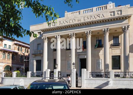 Neoklassizistisches Gebäude der Banco de España aus den 1930er Jahren. Zweigstelle Malaga. Malaga, Costa del Sol, Provinz Malaga, Andalusien, Südspanien. Stockfoto