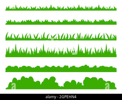 Grasnarbe. Einfache grüne Rasen Grenze Sammlung. Das Laubfeld im Frühling oder Sommer ist ideal für die Gestaltung von Wiesen oder Gärten. Flache Vektorgrafik isoliert auf weißem Hintergrund. Stock Vektor