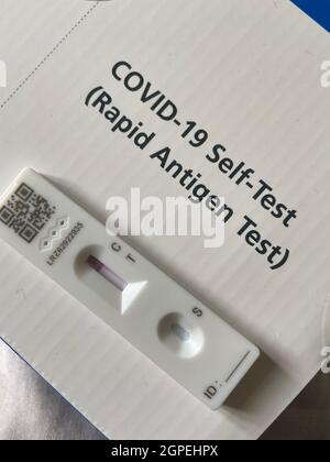 London, Großbritannien - 20.9.2021: NHS COVID-19 Selbsttest für Kinder und Familie in Großbritannien verteilte die Regierung einen Corona-Virus-Abstrichbesteck mit Schnellantigen-Heimtest Stockfoto