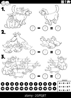 Subtraktion pädagogische Aufgabe mit lustigen Hunden Färbung Buch Seite Stock Vektor
