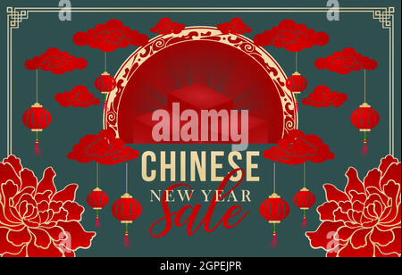 Chinesischer Neujahrsverkauf mit dunkelgrünen Hintergründen. Happy Chinese New Year Sale mit Flower Peony und Laterne, anwendbar für Banner, Grußkarten, Flyer, Poster, Social Media und Store. Stock Vektor