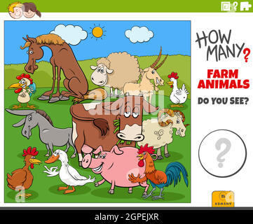 Wie viele Nutztiere pädagogische Cartoon-Aufgabe für Kinder Stock Vektor