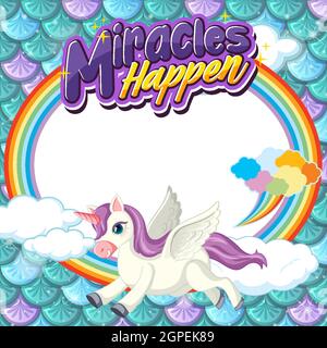 Leere Banner mit niedlichen pegasus Cartoon-Charakter auf Pastell Meerjungfrau Schuppen Illustration Stock Vektor