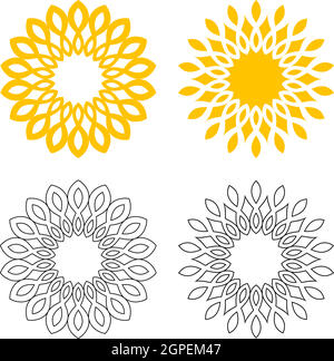 Sonnenstrahl- oder Sonnenblumenvektor-Symbol in Rose- oder Sonnenblumendesign. Vollfarbe und Kontur. Weißer isolierter Hintergrund. Stock Vektor