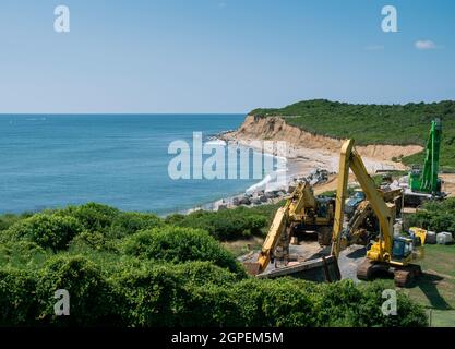 Das Wrack der Culloden aus dem Jahr 1781, von der Montauk Point Light aus gesehen, ist ein Leuchtturm, der sich im Osten neben dem Montauk Point State Park befindet Stockfoto
