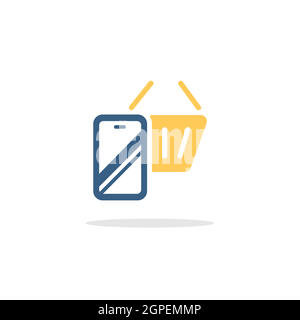 Online-Shop. Mobile Zahlung. Smartphone und Warenkorb. Symbol mit Schatten. Commerce Glyphe Vektor Illustration Stock Vektor