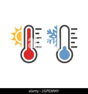 Thermometer mit Sonnen- und Schneeflocken-Icon-Set Stock Vektor