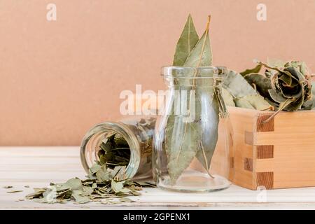 Flasche getrocknete Lorbeerblätter und Holzbox mit selektiven Fokus auf Holz- Hintergrund. Stockfoto