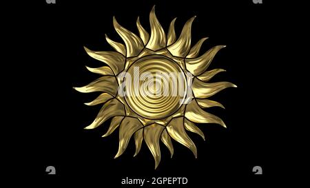 Die goldene Sonne. Die Strahlen drehen sich im Kreis. Auf schwarzem Hintergrund. 3D Rendern Stockfoto