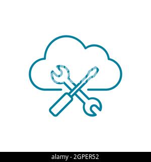 Symbol für die Wartungslinie des Cloud-Netzwerks. Schraubenschlüssel und Schraubendreher mit Wolkensymbol. Reparieren Sie Internet-Tools. Kundensupport. Dateneinstellungen sichern. Vektor Stock Vektor