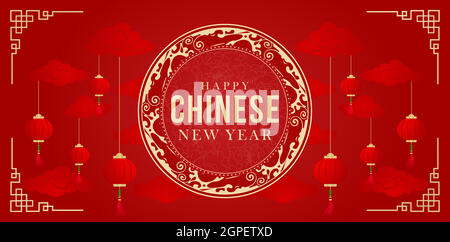 Frohes chinesisches Neujahr mit rotem Hintergrund und Laterne, anwendbar für Banner, Grußkarten, Flyer, Poster Stock Vektor