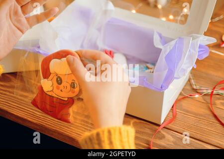 Frauenhänden packen Lebkuchen in Form von Schwein in den Weihnachtsmannhut. Kekse mit farbiger Vereisung in Box auf Holztisch. Weihnachtsgeschenke. Neujahrsstimmung. Stockfoto