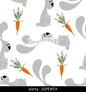 Lustiges Kaninchen mit Karotte nahtloses Muster auf weißem Hintergrund. Stock Vektor