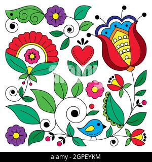Skandinavische Volkskunst Vektor quadratisches florales Design mit Vogel, inspiriert von traditionellen Stickereien aus Schweden - perfekt für Grußkarten oder Vereinen Stock Vektor