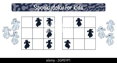 Spookydoku Lernspiel für Kinder. Sudoku mit lustigen Geistern Aktivität für Kinder. Schulrätsel. Schulungsarbeitsblatt. Premium Vector Stock Vektor