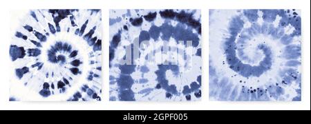 Blaue Spirale Mit Tie-Dye-Muster. Vektor-Hemdmuster. Kreisförmige Grunge-Textilien. Tie Dye Spirale im Stil der 70er Jahre. Ikat-Blume Stock Vektor