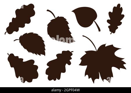 Handgezeichnete Blätter – Kollektion „Schatten“. Forest Laub Silhouette Elemente Set. Herbst Deko Elemente für Prints, Sticker, Einladung und Grußkarten Design und Dekoration. Premium Vector Stock Vektor