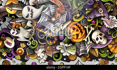 Cartoon niedlichen bunten Vektor handgezeichnete Kritzeleien Halloween Banner Stock Vektor