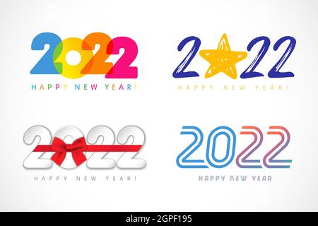 Großer Satz von 2022 kreativen Logo-Design farbig, Stern, rote Schleife und Linie. Happy New Year Vektor-Grußansage Illustration mit den Zahlen 20 und 22 Stock Vektor