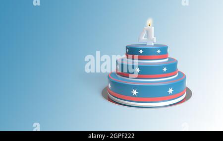 Geburtstagskuchen mit der Nummer 4, Unabhängigkeitstag Juli 4 Glückwünsche, 3D-Rendering Stockfoto