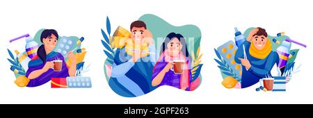 Vektordarstellung von grippekranken Menschen. Mann, Frau und Familienpaar behandeln saisonale Erkältung der Atemwegsinfektion. Flache Cartoon-Banner w Stock Vektor
