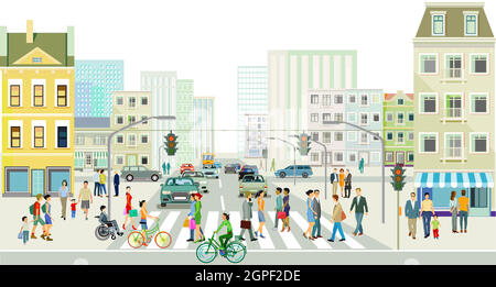 Straßen mit Menschen und Verkehr vor einem großen Stadtdarstellung Stock Vektor