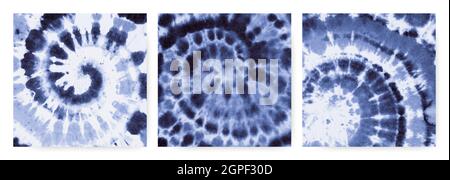 Denim-Spirale Mit Bindegürtel. Weiche Blumenstruktur. Blauer Shibori-Stoff. Cooles Tuch. Tie Dye Spiral in der Wirkung der 1970er Jahre. Stock Vektor