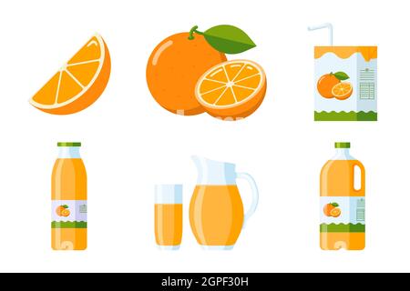 Kollektion mit Orangenfrüchten und Saft-Elementen. Flat Style Zitrusartikel Set: Orange Scheibe und ganze Frucht, Orangensaft Pakete Karton, Glas, Krug, Kunststoff-und Glasflasche. Premium-Vektor Stock Vektor