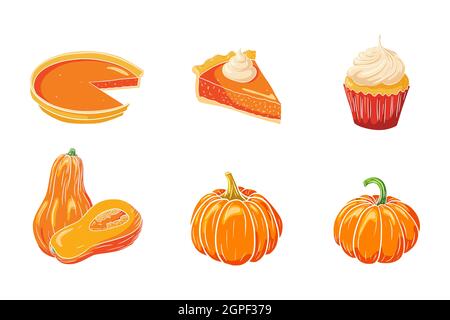 Kürbisschalen-Set. Frische reife Kürbisse, Kürbiskuchen und Cupcake. Traditionelle Thanksgiving Essenssammlung für Aufkleber, Einladung, Menü und Grußkarten Dekoration. Premium Vector Stock Vektor