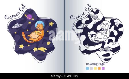 Entzückende Katze Kosmonauten umarmt einen Stern Färbung Seite. Cartoon-Stil. Handgezeichneter Tierastronaut mit Sternenkinder-Illustration. Premium Vector Stock Vektor