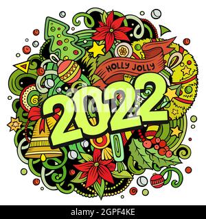 2022 handgezeichnete Kritzelabbildung. Neujahrs-Objekte und Elemente-Poster Stock Vektor