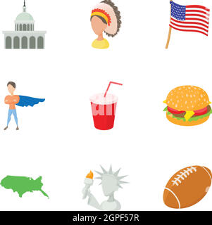 USA Land Icons Set, Cartoon-Stil Stock Vektor