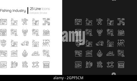 Lineare Symbole für die Fischerei sind für den Dunkel- und Lichtmodus eingestellt Stock Vektor