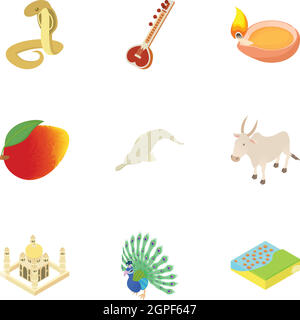 Indien-Symbole-Set, Cartoon-Stil Stock Vektor