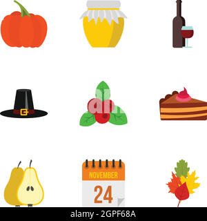 Thanksgiving Day Icons set, flach Stil Stock Vektor