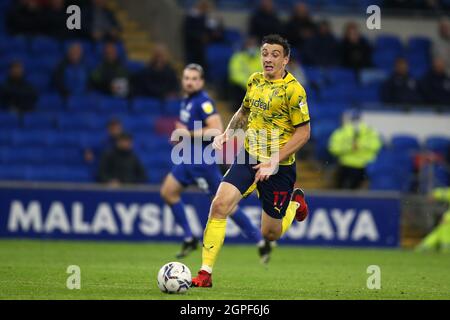 Cardiff, Großbritannien. September 2021. Jordan Hugill von West Bromwich Albion in Aktion. EFL Skybet Championship match, Cardiff City gegen West Bromwich Albion im Cardiff City Stadium in Cardiff, Wales am Dienstag, 28. September 2021. Dieses Bild darf nur für redaktionelle Zwecke verwendet werden. Nur zur redaktionellen Verwendung, Lizenz für kommerzielle Nutzung erforderlich. Keine Verwendung in Wetten, Spiele oder einem einzigen Club / Liga / Spieler Publikationen. PIC von Andrew Orchard / Andrew Orchard Sport Fotografie / Alamy Live News Kredit: Andrew Orchard Sport Fotografie / Alamy Live News Stockfoto