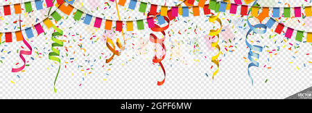 Farbige Girlanden, Luftschlangen und Konfetti-Party-Hintergrund Stock Vektor