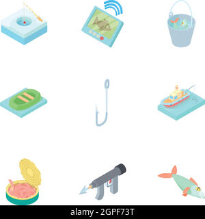 Angeln am Fluss Icons Set, cartoon-Stil Stock Vektor