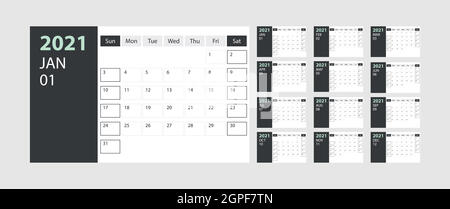 Kalender 2021 Woche Start Sonntag Corporate Design Planer Vorlage mit grünem Thema Stock Vektor