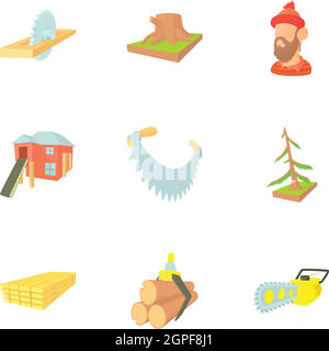 Holzeinschlag Icons Set, cartoon-Stil Stock Vektor