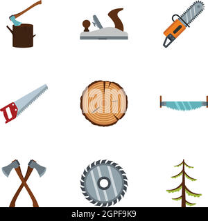 Sägen Wald Icons set, flach Stil Stock Vektor