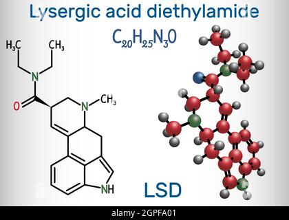 Lysergsäurediethylamid (LSD). Es ist eine halluzinogene Droge. Strukturelle chemische Formel und Molekülmodell Stock Vektor