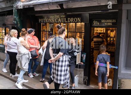 Harry Potter Shop, The Shambles York UK; Menschen, die vor dem „Tränenkessel“ Schlange stehen, unter dem Motto „Harry Potter Filme“, York England Stockfoto