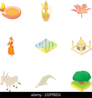 Tourismus in Indien Icons Set, Cartoon-Stil Stock Vektor